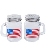 NEW Patriotic USA American Flag Salt &amp; Pepper Shakers glass w/ metal lids - £8.67 GBP