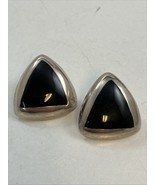Modernist Chunky Sterling Silver 925 Onyx Inlaid Triangular Pierced Earr... - $34.60