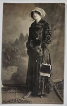 RPPC Lady Long Fur Coat Muff Fringe Purse Studio Prop Backdrop Postcard E29 - £15.14 GBP