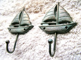 TWO Cast Iron Sailboat Hooks, Hat, Key Rack, Indoor Outdoor Garden or Ba... - £7.84 GBP