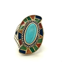 Vintage Sterling Sign Carolyn Pollack Relios Inlay Multi Stone Turquoise Ring 7 - £75.17 GBP