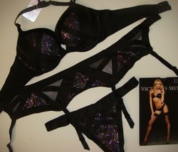 Victoria&#39;s Secret 32B, 34B, 34C Conjunto Sujetador + Liguero+ S Tanga Negro - £181.48 GBP