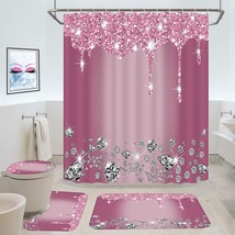 4 Pcs Glitter Diamond Shower Curtain Sets, Rose Red Shiny Drips Bath Dec... - £27.24 GBP