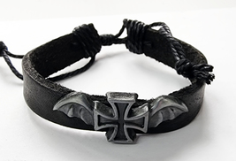 black leather goth cuff bracelet cross bat wing unisex biker punk rock j... - $5.99