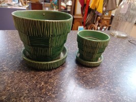 Two McCoy Flower Pots Planter Green Basket Weave Bark Block 5&quot; &amp; 3&quot; - $49.49