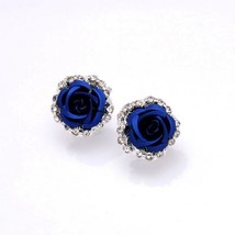 Rose Flower Stud Earrings for Women Fashion Blue Black Round Bouquet Crystal Wed - £10.50 GBP