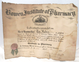 Vtg Bowen Institute of Pharmacy Graduation Certificate Nov. 14, 1919 Roy Aubrey - £39.22 GBP