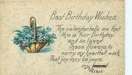 Best Birthday Wishes 1917 DB Postcard K046 Basket of Forget Me Not Flowers - £4.44 GBP