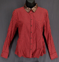 Merona Women&#39;s Shirt Size S/P Red Check Gold Sequin Collar Long Sleeve B... - £9.10 GBP
