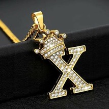 1.25Ct Real Moissanite Crown Initial Letter &quot;X&quot; Pendant 14K Yellow Gold Plated - £195.25 GBP