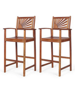 2 Pieces Outdoor Acacia Wood Bar Chairs with Sunflower Backrest and Armr... - £149.98 GBP