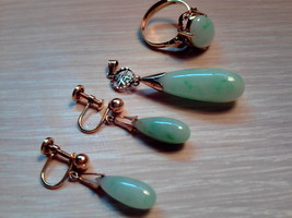 Antique Victorian 4 Pc 14 kt Jadeite Jade Earrings, Pendant &amp; Ring - £1,688.97 GBP