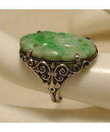 VINTAGE ANTIQUE DECO ERA CHINESE EXPORT CARVED JADE STERLING SILVER RING‏ - £692.47 GBP