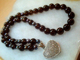 Peacock Black FW pearl * Smokey Quartz Necklace &amp;Pave Diamond SS Heart Pendant - £625.88 GBP