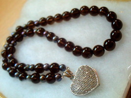 Peacock Black FW pearl * Smokey Quartz Necklace &amp;Pave Diamond SS Heart Pendant - £588.39 GBP