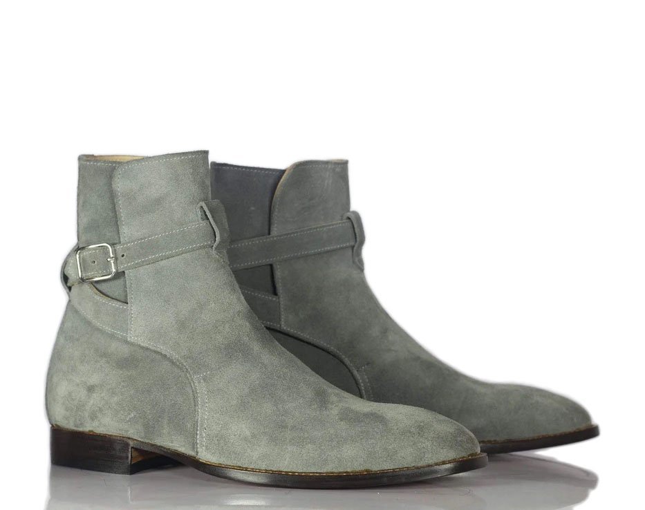 Handmade Men's Gray Suede Ankle Jodhpur Strap Boots, Men Ankle Fashion Boots