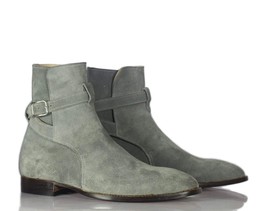 Handmade Men&#39;s Gray Suede Ankle Jodhpur Strap Boots, Men Ankle Fashion Boots - £127.59 GBP