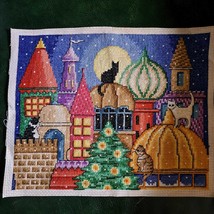 Finished Cross Stitch Enchanted Castle Cat City- Handmade Quality Cross-... - $86.99