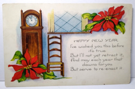 New Year Postcard Girl Grandfather Clock Poinsettias Whitney Embossed Vintage - £7.13 GBP