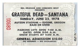 Grateful Dead Santana Concierto Ticket Stub June 25 1978 Eugene Oregon - £150.50 GBP