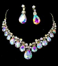 Iridescent AB Gold, Rhinestone Necklace Earrings, Crystal Prom Jewelry, Pageant  - £51.14 GBP