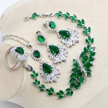  Silver Color Jewelry Set for Women White Zircon Green Crystal Bracelet Earrings - £28.15 GBP