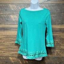 TALBOTS Top Women’s Small Green 3/4 Sleeve Pima Cotton Boho Fringe Shirt - £8.20 GBP