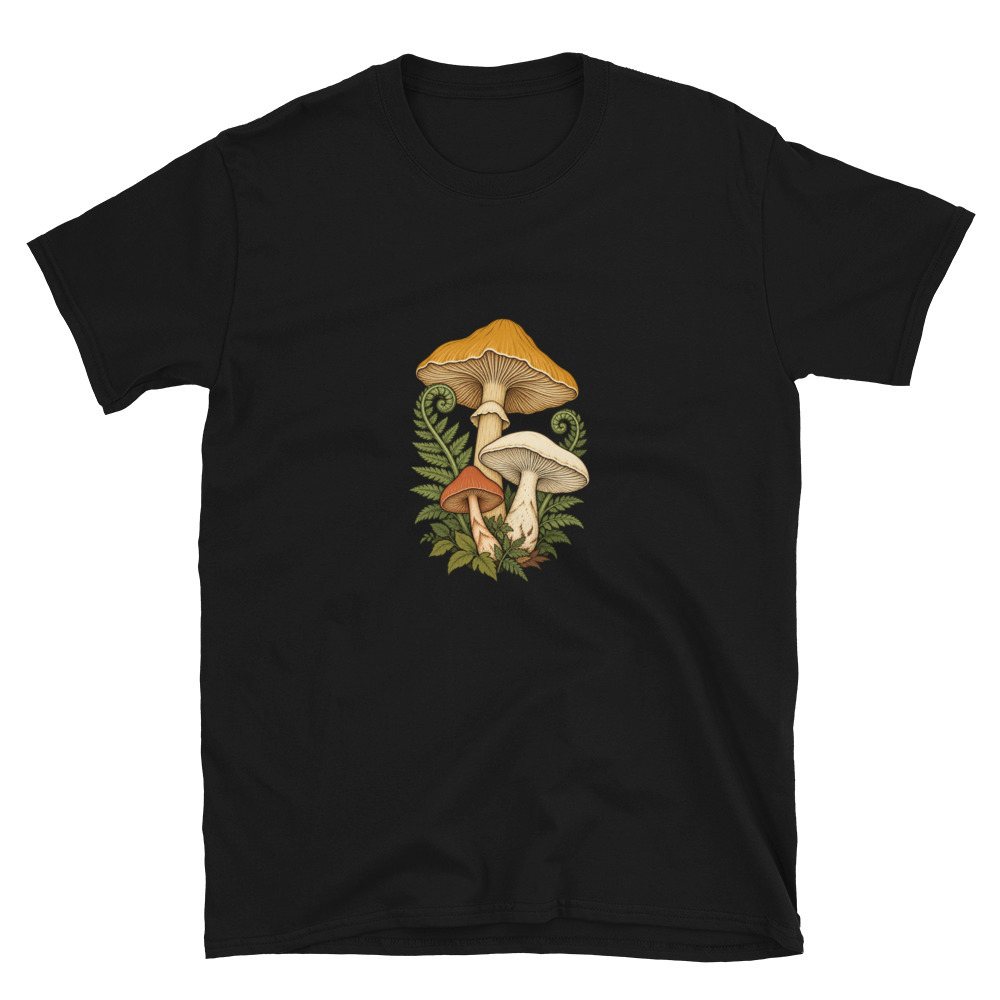 Woodland Mushroom T-Shirt - Fern Botanical Forager Gift - Black M-XL