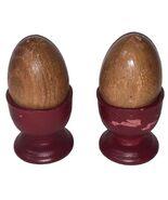 Vintage Wooden Egg Salt &amp; Pepper Shakers w/ Eggcups 3.5” Tall Painted *Read - $12.00