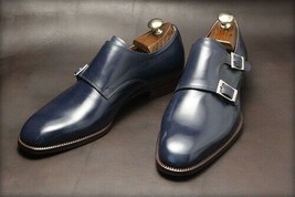 Handmade Men&#39;s Navy Blue Leather Double Buckle Shoes, Dress Formal Shoes for Men - £100.84 GBP+