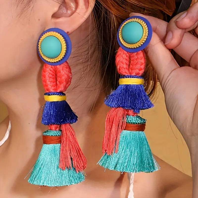 Boho-Chic Colorful Tassel Earrings - Soft Polyester Dangle with Stainles... - $22.56 CAD