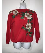 Vintage Hand Made Red Christmas Flowers Sweatshirt Size XL Hanes Her Way - $30.60 CAD