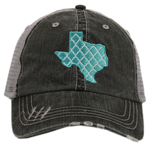 Embroidered Teal White Moroccan Texas Distressed Trucker Hat - $24.75