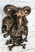 Demon Horned Ram Cranium Skull With Crossed Bone Skulls Decorative Door Knocker - £36.26 GBP