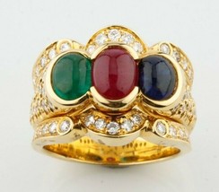 Blue Sapphire, Ruby, Emerald &amp; Diamond 18k Yellow Gold Cocktail Ring Size 7 - £2,950.82 GBP