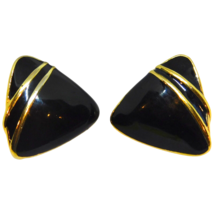 Signed Trifari Pierced Earrings Black Gold Color Tone Modern Elegant Vintage - £10.13 GBP