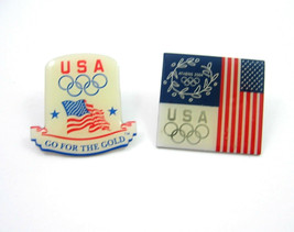 2 Olympic Pinbacks Usa American Flag Vintage Go For The Gold Pair Of Tie Tack - £11.98 GBP