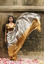 Gold and silver handloom tissue saree, Gift for her - £132.49 GBP