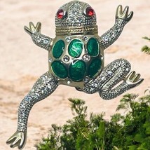Vtg Jumping Frog Green Jeweled Silvertone  Brooch Pin Red Eyes - $12.08