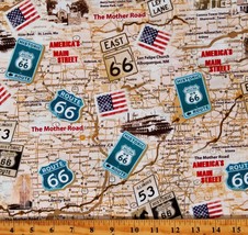 Cotton Vintage Route 66 Antique Map Road Trip Travel Fabric Print BTY D306.65 - £11.71 GBP