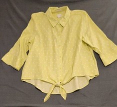 Chicos Sz 3 Womens Size XL 100% Linen Lime Green Polka Dot No Iron Shirt Top - £18.34 GBP