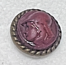 Vintage Round Metal Button Carved Pink Glass Man Hat Gold Metal Frame w ... - $9.41