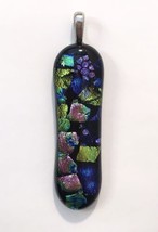 Colorful Dichroic Glass Necklace Pendant Oblong Rainbow of Colors &amp; Black - £10.02 GBP