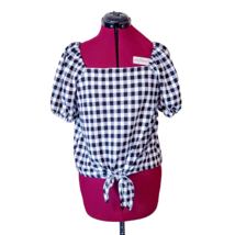 LOFT Blouse Women Size Medium Tie Front Square Neck Puff Sleeve Gingham - £13.15 GBP