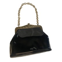 Vintage Garay Black Patent Leather Handbag Purse with Gold chain and acc... - $22.52