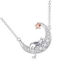 Moon Cat Necklace Sterling Silver Crescent Moon - £113.19 GBP