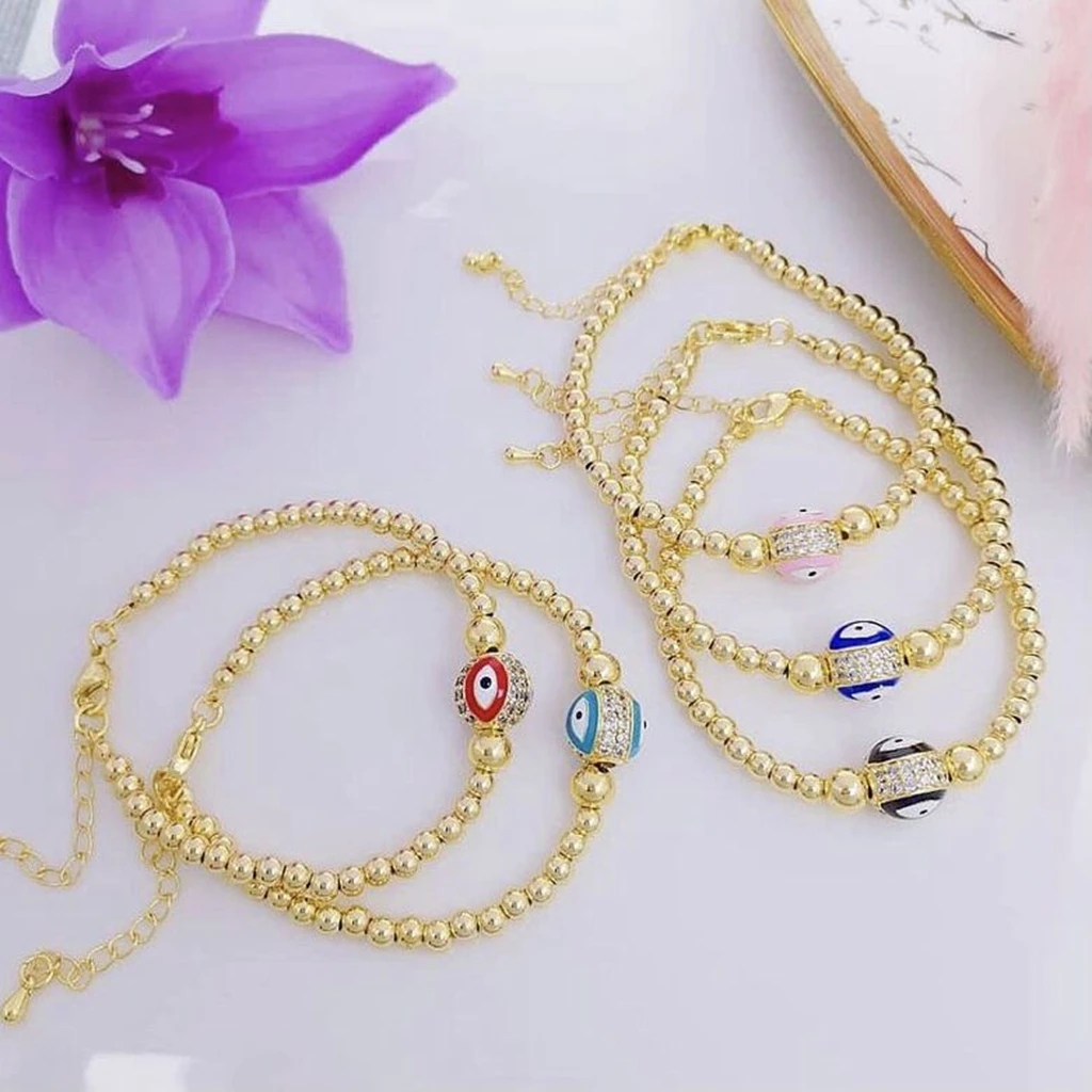 5Pcs Fashion high quality gold copper beads beaded bracelet,cz micro pave eye ch - £43.08 GBP