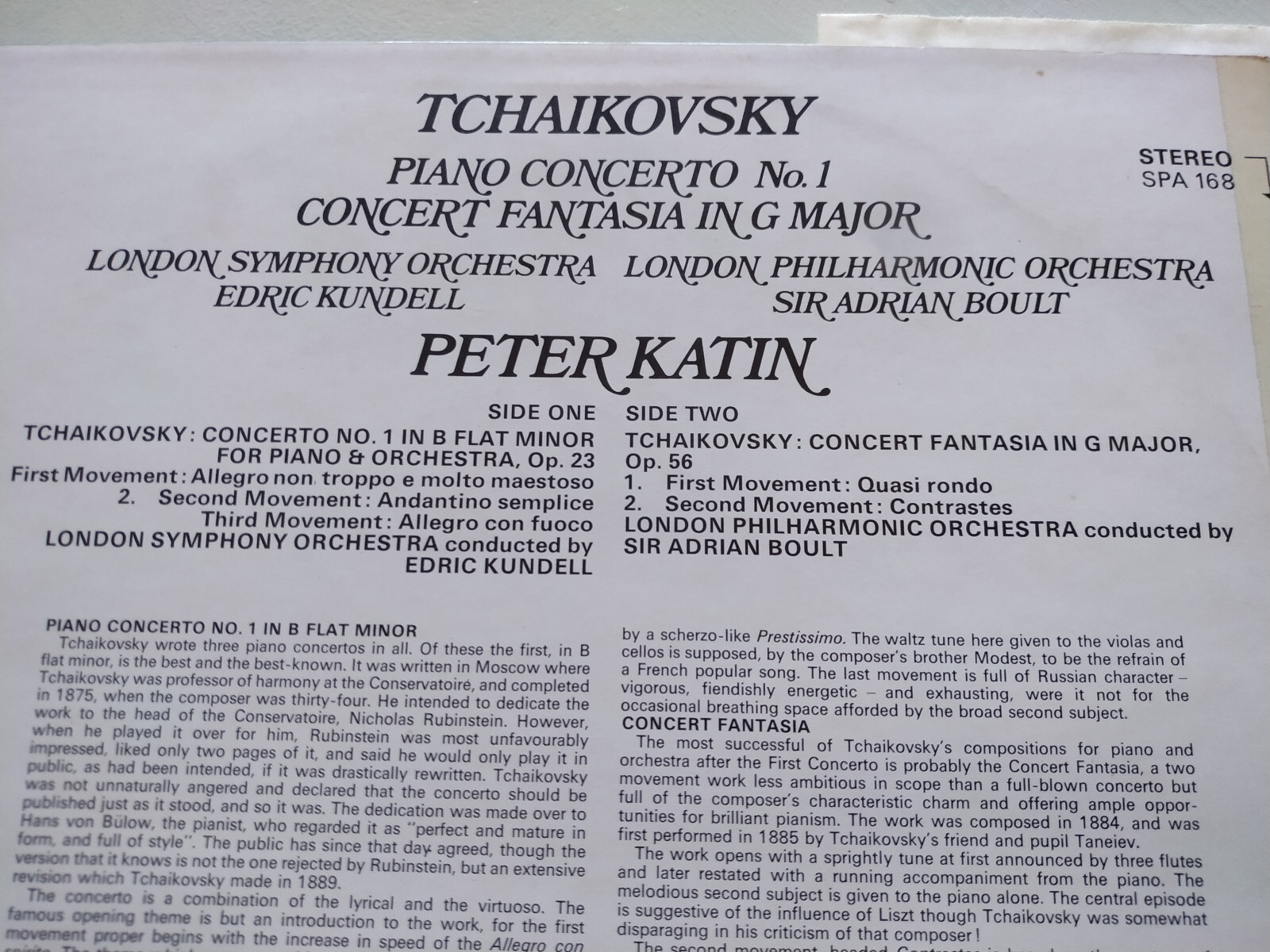Tchaikovsky Spa 168 Piano Concerto N 1 Katin Kundell 1971 LP 12 " vinilo VG/VG Item image 4