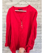 Ellen Tracy Women Shirt 100% Linen Long Sleeve Red 1/4 Zip Gold Hardware XL - $41.01 CAD