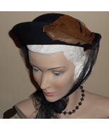 Vtg 30 40s WWII Hat  Navy Blue Wool Up Brim Feather Long French Netting - $78.00